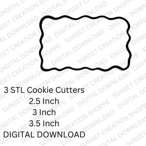 Op de afbeelding: Een digitale download van drie koekjesuitsteekvormen. De uitsteekvormen hebben de vorm van een rechthoek met golvende randen. De maten zijn 2,5 inch, 3 inch en 3,5 inch.