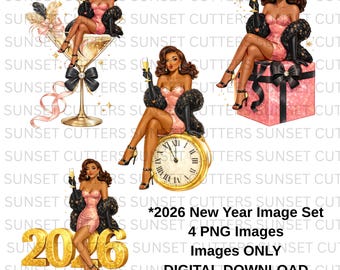 Könnte beinhalten: Digitaler Download eines Neujahrs-Bildsets mit vier PNG-Bildern. Die Bilder zeigen Illustrationen von Frauen in rosa Kleidern, die Champagnergläser halten und auf einer Uhr, einer Geschenkbox und einem Martiniglas sitzen.