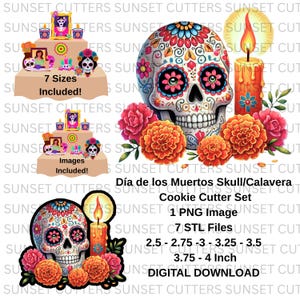 May include: Digital download of a Día de los Muertos skull cookie cutter set. The image features a colorful skull with floral accents, candles, and marigolds. Includes 7 sizes from 2.5 to 4 inches. Also includes a PNG image and STL files.