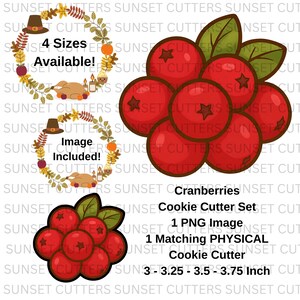 May include: A cranberry cookie cutter set with a PNG image and a physical cutter. The set includes a cranberry design and is available in 4 sizes: 3, 3.25, 3.5, and 3.75 inches.