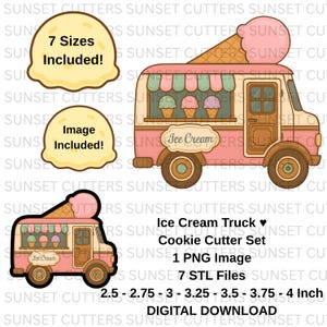May include: A digital download set featuring an ice cream truck cookie cutter design. The image includes a pink ice cream truck with a large ice cream cone on top, and two additional images. The set includes 7 sizes, ranging from 6.35 cm to 10.16 cm.
