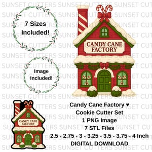 May include: A digital download cookie cutter set featuring a red Candy Cane Factory design. Includes 7 STL files, 1 PNG image, and 7 sizes ranging from 2.5 to 4 inches. Perfect for holiday baking.
