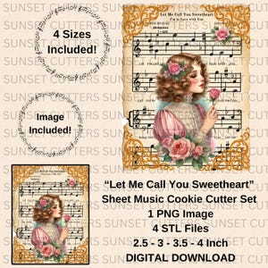 Può includere: Un set di tagliapasta scaricabile digitalmente con un'illustrazione vintage di una donna che tiene una rosa con spartiti musicali sullo sfondo. Il set include quattro dimensioni di tagliapasta: 2,5, 3, 3,5 e 4 pollici. Il testo "Let Me Call You Sweetheart" è incluso nell'immagine.