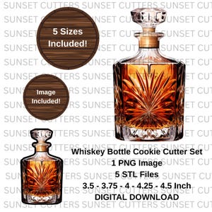 May include: Whiskey bottle cookie cutter set with 5 sizes included. The set includes 1 PNG image and 5 STL files. The cookie cutters are available in 3.5, 3.75, 4, 4.25, and 4.5 inch sizes. Digital download.