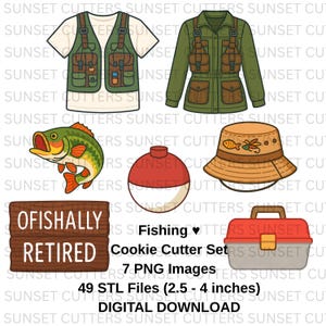 Puede incluir: Descarga digital de un juego de cortadores de galletas con temática de pesca. Incluye imágenes de un chaleco de pesca, chaqueta, pez, flotador, sombrero, letrero que dice "Ofishally Retired" y una caja de aparejos. El juego incluye 7 imágenes PNG y 49 archivos STL, de 6,35 a 10,16 cm.