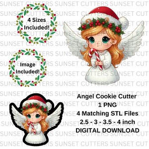 May include: Digital download of four angel cookie cutter designs in four sizes: 2.5, 3, 3.5, and 4 inches. The image shows a cartoon angel with blonde hair, wearing a white dress, a red Santa hat, and holding a candy cane. The image also includes two wreaths with the text "4 Sizes Included!" and "Image Included!"