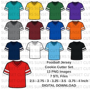 May include: A digital download set of football jersey cookie cutter images. The set includes 13 PNG images and 7 STL files. The jerseys are in various colors, including teal, yellow, green, purple, gray, maroon, blue, and orange.