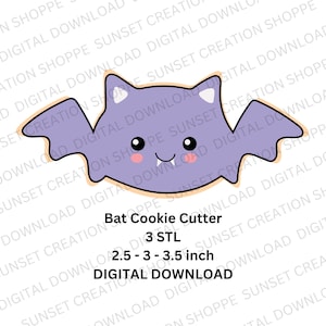 Puede incluir: Descarga digital de un archivo STL imprimible en 3D para un cortador de galletas de murciélago. El cortador tiene un ancho de 6,35 a 8,89 cm y presenta un lindo murciélago de dibujos animados con ojos grandes y una sonrisa de dientes.