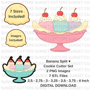 May include: A digital download set featuring a banana split design. The image shows a pink serving dish with three scoops of ice cream, cherries, and a banana. The set includes 7 sizes, 2 PNG images, and 7 STL files, ranging from 2.5 to 4 inches.