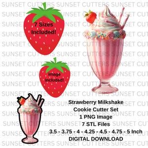 May include: A digital download set featuring strawberry-themed cookie cutters. The set includes a strawberry and a milkshake design, with 7 sizes ranging from 3.5 to 5 inches. Includes 1 PNG image and 7 STL files.