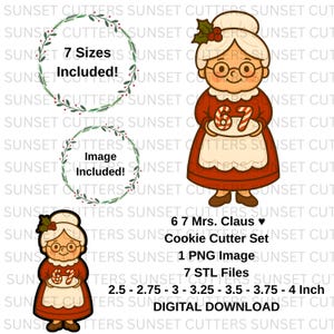 Peut inclure: Un ensemble de découpeurs de biscuits à télécharger numériquement, représentant Mme Claus tenant une assiette avec le numéro 67. L'ensemble comprend 7 tailles, de 6,35 cm à 10,16 cm, et une image PNG. Le design est rouge, blanc et marron.