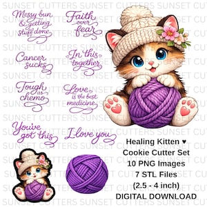 May include: A digital download set featuring a cartoon kitten wearing a knit hat and holding a purple ball of yarn. The set includes 10 PNG images and 7 STL files for cookie cutters, ranging from 2.5 to 4 inches. The image also includes text.