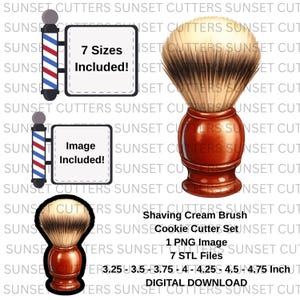 Op de afbeelding: Een digitale downloadset met een scheercrèmeborstelkoekjessnijder. De set bevat 1 PNG-afbeelding en 7 STL-bestanden, met maten variërend van 8,26 tot 12,06 cm. De afbeelding bevat ook een barbierpaal.