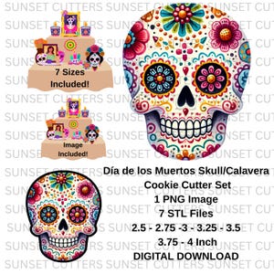 May include: A digital download set featuring a colorful Día de los Muertos skull design. The set includes a PNG image and 7 STL files for cookie cutters, with sizes ranging from 2.5 to 4 inches. The skull is decorated with flowers and intricate patterns.