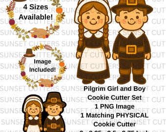 May include: A cookie cutter set featuring a cartoon pilgrim girl and boy. The set includes a PNG image and a physical cookie cutter, available in 4 sizes, ranging from 3 to 3.75 inches.
