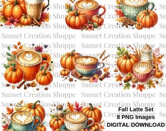May include: A digital download set of eight fall-themed latte illustrations. Each image features a cup of latte art with a heart design, surrounded by pumpkins, fall leaves, and other autumnal elements. The text "Fall Latte Set" and "8 PNG Images" is visible in the bottom right corner of the image.