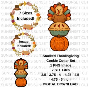 May include: Stacked Thanksgiving cookie cutter set with a turkey, pie, and pumpkin design. Includes 7 sizes, ranging from 3.5 to 5 inches. Digital download includes 1 PNG image and 7 STL files.