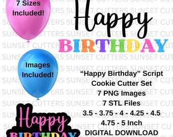 Happy Birthday Script PNG- en STL-koekjesuitstekerset, STL-uitsteekvormpjes, stl-koekjesvormpjes, Happy Birthday png, Happy birthday-script stl