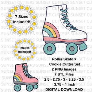 Könnte beinhalten: Roller-Skate-Ausstecher-Set mit 2 PNG-Bildern und 7 STL-Dateien. Das Set enthält 7 Größen, von 6,35 cm bis 10,16 cm. Das Design zeigt einen Rollschuh mit Regenbogenakzent und dem Text "Roller Skate Cookie Cutter Set".