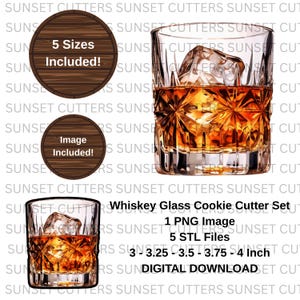 May include: Whiskey glass cookie cutter set with five sizes included. The set includes a digital download of five STL files for 3D printing. The image shows a detailed illustration of a whiskey glass with ice cubes.