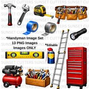 May include: A collection of handyman tools, including a hammer, wrench, tape measure, tool belt, duct tape, blue tape, flashlight, level, spray can, ladder, toolbox, and air compressor. The image also includes the text "Handyman Image Set".