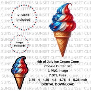 Puede incluir: Un conjunto de descarga digital con un cortador de galletas de cono de helado del 4 de julio. El diseño incluye un cono de helado rojo, blanco y azul con una base de gofre. El conjunto incluye 7 tamaños de 9,5 a 13,3 cm.