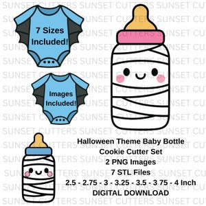 Puede incluir: Una descarga digital con un juego de cortadores de galletas con temática de Halloween para biberones. El juego incluye dos imágenes PNG y siete archivos STL. Los tamaños varían de 6,35 cm a 10,16 cm. También se incluyen dos diseños de body.