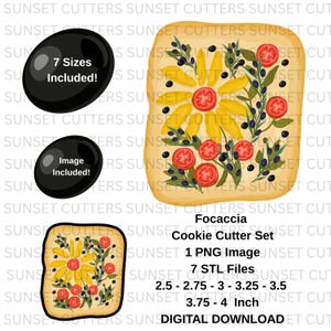 May include: A digital download cookie cutter set for focaccia bread. The set includes a focaccia design with a sunflower, tomatoes, and olives. The set includes 7 STL files and a PNG image, with sizes ranging from 2.5 to 4 inches.