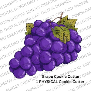 May include: A purple grape cookie cutter. The cutter is shaped like a bunch of grapes with green leaves. The text "Grape Cookie Cutter 1 PHYSICAL Cookie Cutter" is printed below the image.