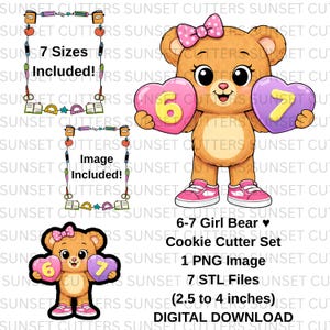 Peut inclure: Ensemble de découpeurs de biscuits à télécharger numériquement, représentant un ours de dessin animé tenant les chiffres 6 et 7 en forme de cœur. L'ours porte un nœud rose et des baskets. L'ensemble comprend 7 tailles, 1 image PNG et 7 fichiers STL (6,35 à 10,16 cm).