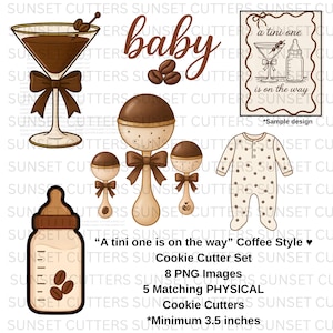 May include: A collection of baby-themed illustrations in a coffee theme. Includes a martini glass, baby rattle, baby bottle, and a onesie, all adorned with coffee bean motifs. The text reads "baby" and "A tini one is on the way".