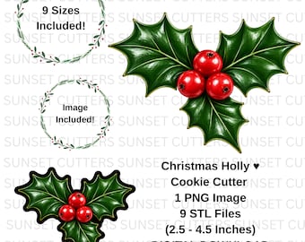 Christmas Holly Cookie Cutter, Christmas Holly PNG, Holly STL cutter, Christmas Cookie, STL cookie cutters