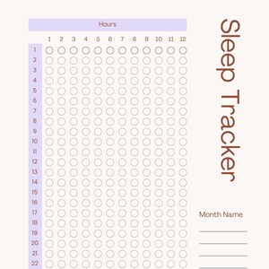 以下が含まれることがあります： 薄い紫色の背景と茶色のテキストで印刷可能な睡眠トラッカー。トラッカーは、1 日の各時間に対応する円形のグリッドになっており、上部に 1 から 12 までの数字、左側に 1 から 31 までの数字が書かれています。ページの右側に「Sleep Tracker」というテキスト、その下に「Month Name」というテキストがあります。