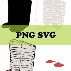May include: A set of white boots with black buttons and red soles. The boots are tall and have a layered design. There is also a pair of red slippers.