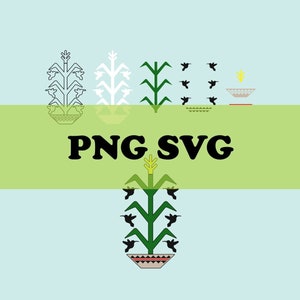 May include: A stylised illustration of a corn plant with black hummingbirds flying around it. The plant is green with a yellow ear of corn at the top. The hummingbirds are in a bowl at the bottom of the plant. The text "PNG SVG" is written in black letters on a green background.
