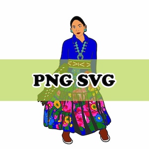 Può includere: Una donna indossa una blusa blu con una collana turchese e una gonna a fiori. La gonna ha un motivo floreale verde, rosa, giallo e blu. La donna è in piedi su uno sfondo verde con il testo "PNG SVG" in nero.