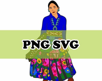 ナバホ族の女の子 PNG/SVG ロイヤルブルーの花柄スカート