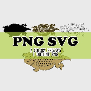 May include: Digital download of three PNG and SVG files featuring a horned lizard in black, white, and brown. The text "PNG SVG 2 COLORS PNG/SVG 1 OUTLINE PNG" is included in the image.