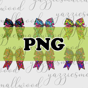 Può includere: Sei fiocchi colorati con motivi floreali. I fiocchi sono disposti in due file da tre. I fiocchi sono su uno sfondo verde con la parola "PNG" in lettere nere.