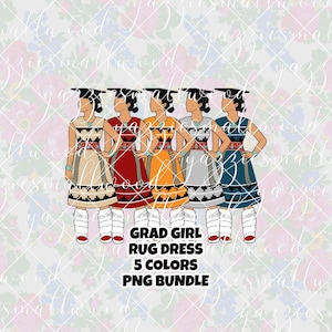 Puede incluir: Ilustración de cinco figuras con atuendo de graduación, cada una con un vestido de alfombra de diferente color. Los vestidos son en tonos beige, rojo, naranja, gris y azul. El texto dice "GRAD GIRL RUG DRESS 5 COLORES PNG BUNDLE."