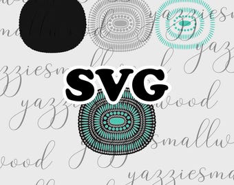 May include: A digital design featuring the word "SVG" in bold black letters, accompanied by several circular designs in black, gray, and turquoise. The background is a light gray with a repeating script pattern.