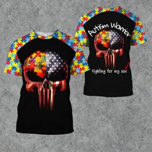 Autism Warrior Skull T-Shirt – Puzzle Flag Tee for Dad Fighting for Son
