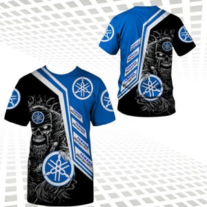 Motorsport Racing Skull Graphic T-Shirt: Blue Black Biker Top
