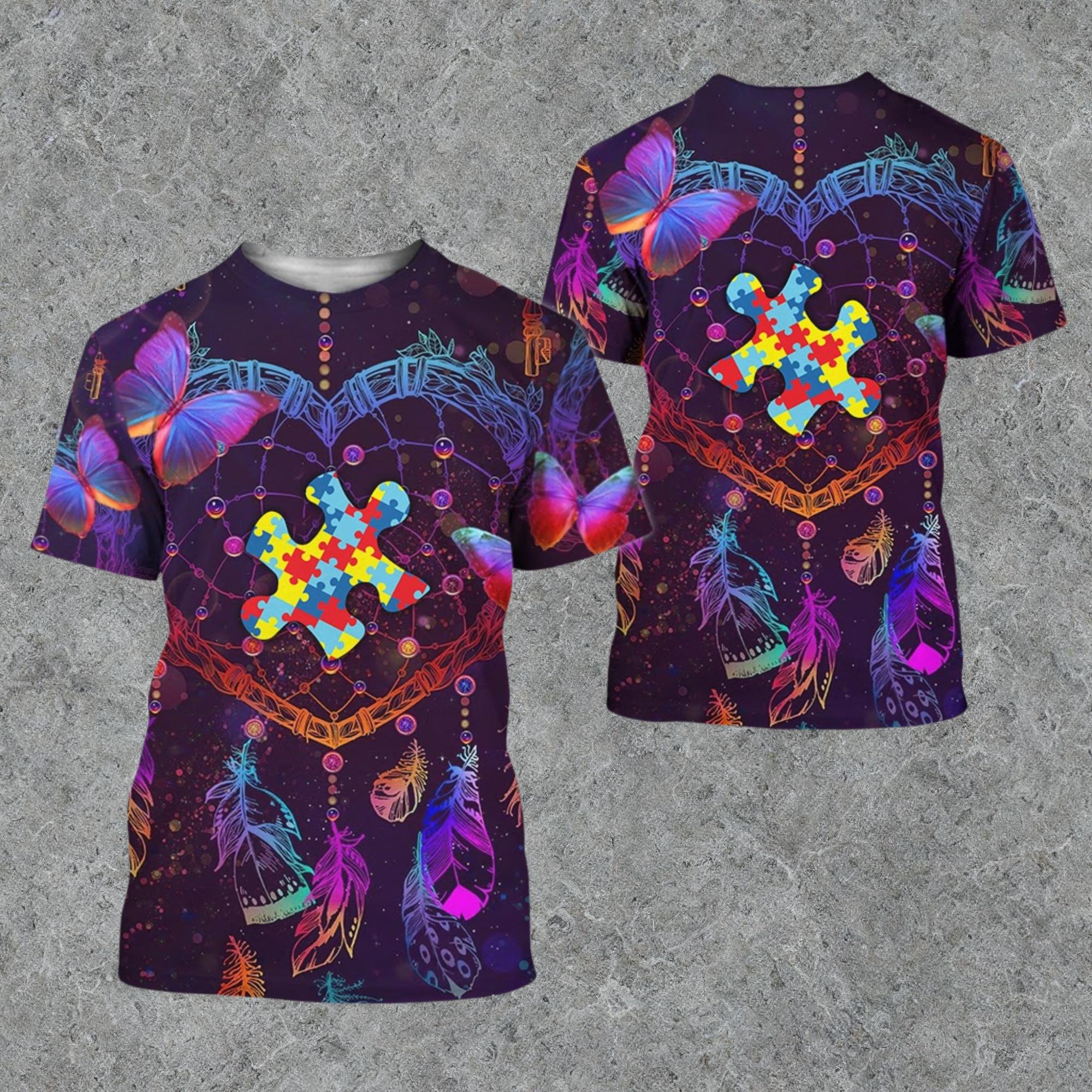 Discover Dreamcatcher Autism Puzzle 3D T-Shirt, Feather & Butterfly Tee