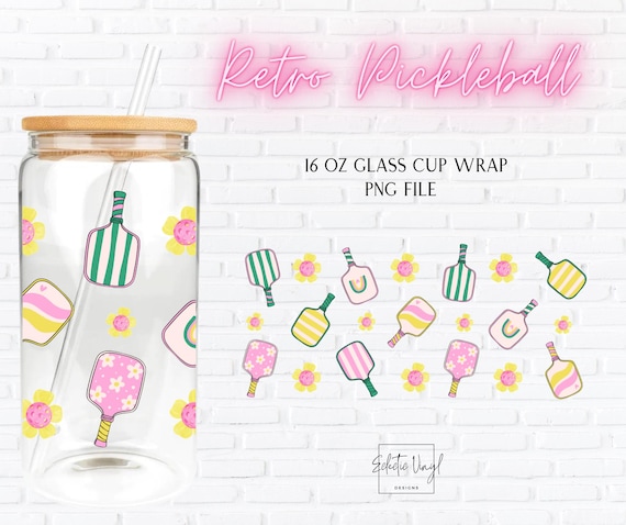 Retro Pickleball Cup Wrap PNG – 16oz Libbey Glass Can Design – Pastel Pickleball Paddle PNG File – Cute Sports Glass Wrap – Digital Download