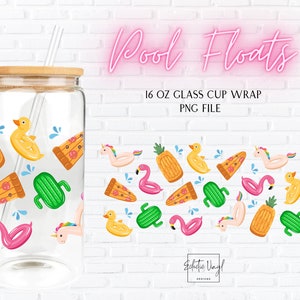 Poolmadrass i glasmugg | Sommar 473 ml Libbey-burk i glas, PNG | Digital nedladdning av glasfolie för Cricut och Silhouette