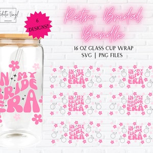 Ensemble SVG de l'époque de la mariée rétro | Papier d'emballage en verre Libbey de 16 oz PNG | Téléchargement numérique de fête nuptiale | Écharpe pour demoiselle d'honneur, fiancé, fille d'honneur
