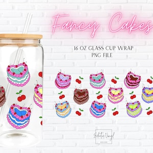 Ausgefallene Kuchen Libbey Glass Wrap PNG | 16 Unzen Tumbler-Datei für Cricut Silhouette & Sublimation | Vintage Kuchen,Geburtstags-Cup-Wrap