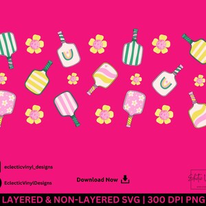 May include: A bright pink background with a repeating pattern of pickleball paddles in diverse designs, such as stripes and floral motifs, and yellow and pink flowers. The image includes social media icons and text: "eclecticvinyl_designs" and "EclecticVinylDesigns".