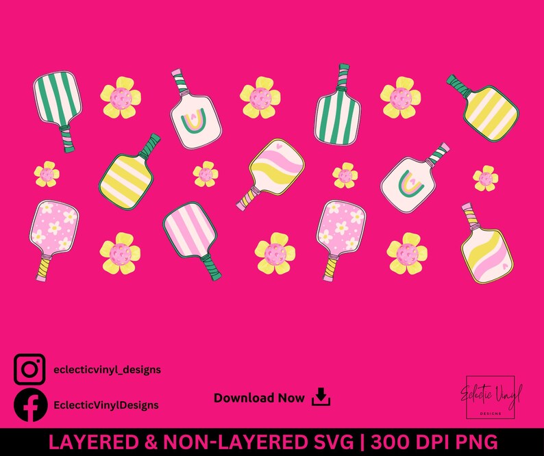 May include: A bright pink background with a repeating pattern of pickleball paddles in diverse designs, such as stripes and floral motifs, and yellow and pink flowers. The image includes social media icons and text: "eclecticvinyl_designs" and "EclecticVinylDesigns".